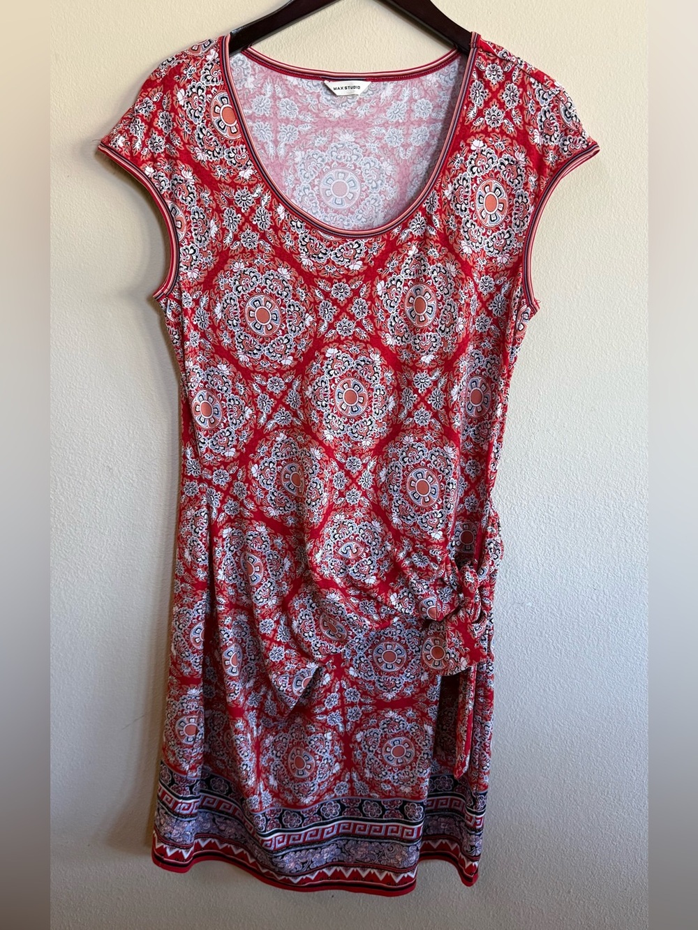 Max Studio Red & Cream Patterned Midi Dress